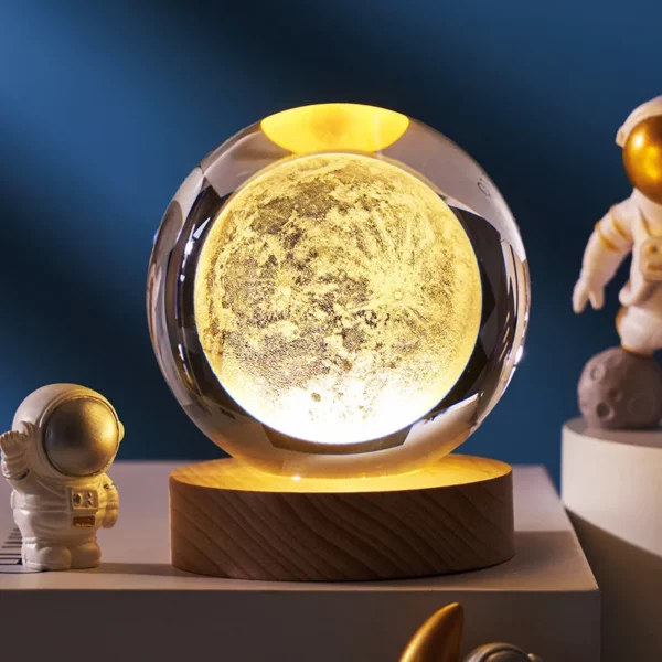 Krištáľová guľa - 3D Mesiac, drevený podstavec s podsvietením - Image 4